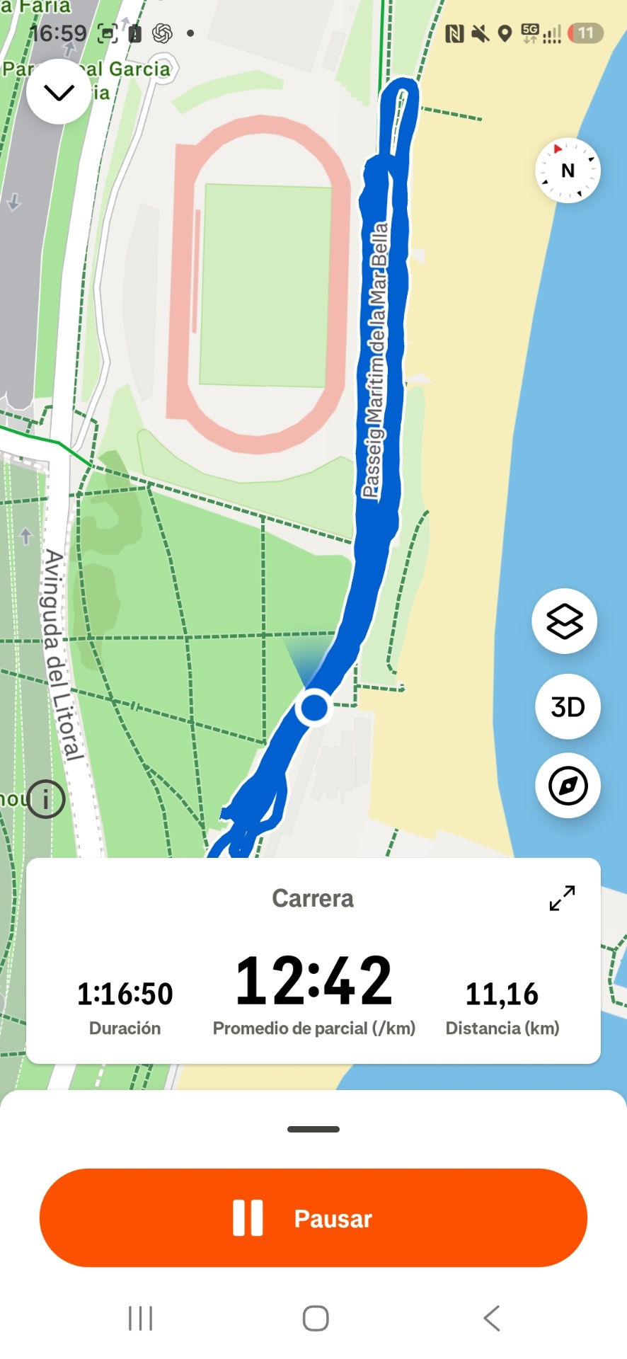 Strava map of the hackathon run: laps along Passeig Marítim de la Barceloneta beach in Barcelona
